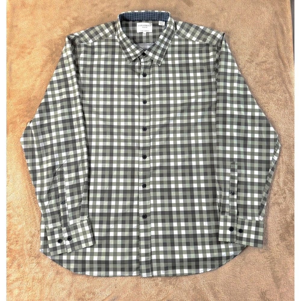 CON.STRUCT Slim Fit Shirt‎ Mens 2XL Green Gingham Check 4-Way Stretch L/S EUC